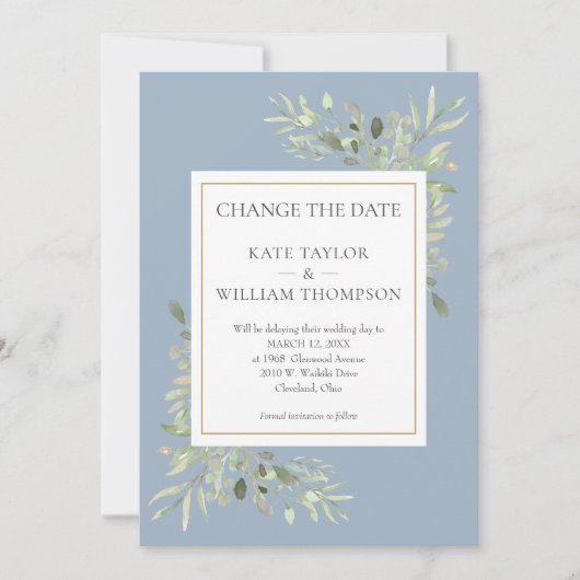 Dusty Blue Change the Date Waterverf Greenery Save The Date (Voorkant)