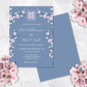 Dusty Blue Cherry Blossom   Chinese bruiloft Kaart