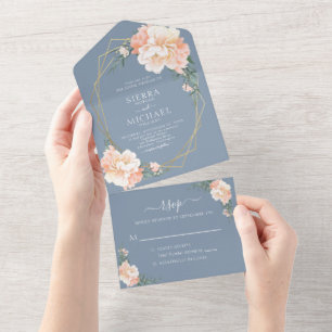 Dusty Blue Chic Blush Gold Peach Floral Wedding All In One Uitnodiging