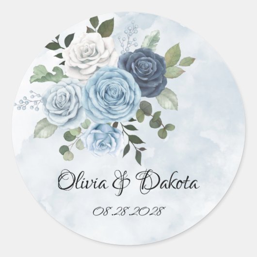 Dusty Blue Chic Waterverf Rustic Florals Wedding Ronde Sticker (Voorkant)
