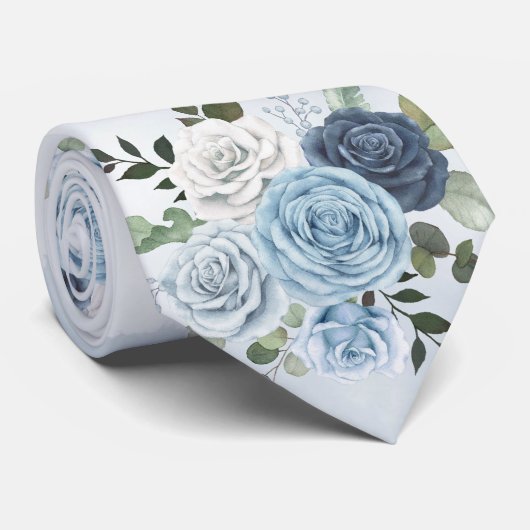 Dusty Blue Chic Waterverf Rustic Florals Wedding Stropdas (Opgerold)