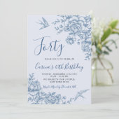 Dusty Blue Chinoiserie  Bloemen Verjaardag Kaart (Staand voorkant)