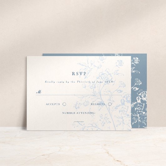 Dusty Blue Chinoiserie Floral Wedding Carte RSVP