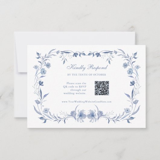 Dusty Blue Chinoiserie | QR-code bruiloft RSVP Kaartje (Voorkant)