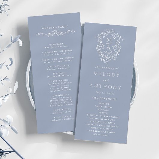 Dusty Blue Classic Floral Crest Wedding Ceremony Programma