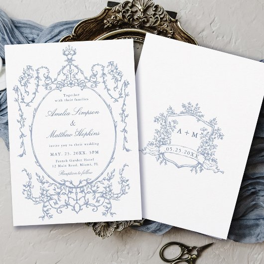 Dusty Blue Classic Floral Frame Wedding            Kaart