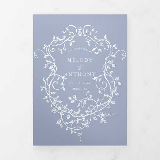 Dusty Blue Classic Franse Victoriaans Bloemen Huwe Drieluik Uitnodiging (Cover)