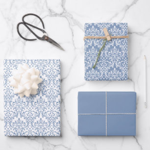 Dusty Blue Classic  naadloos Damask-patroon Inpakpapier Vel