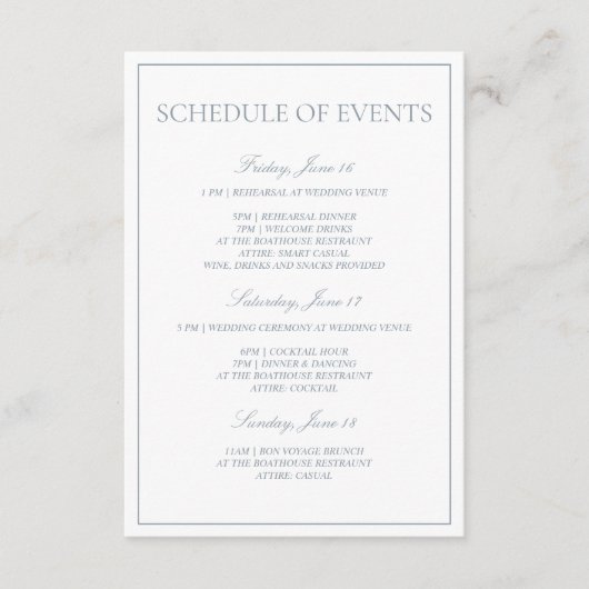 Dusty Blue Classic Script Evenementenschema Informatiekaartje (Voorkant)
