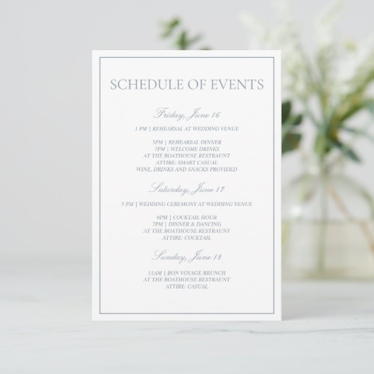 Dusty Blue Classic Script Evenementenschema Informatiekaartje (Staand voorkant)