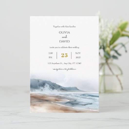 Dusty Blue Coastal Misty Shoreline Beach Wedding Kaart (Staand voorkant)