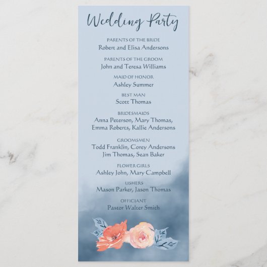 Dusty Blue & Coral Pink Waterverf Bloemenbruiloft Programma (Achterkant)