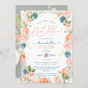 Dusty Blue+Coral Waterverf Flowers Bat Mitzvah Kaart