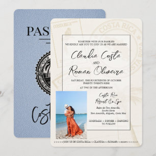 Dusty Blue Costa Rica Passport Uitnodiging voor ee