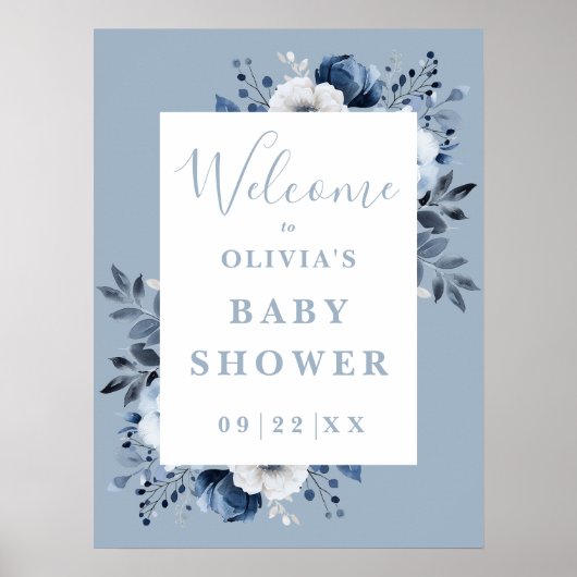 Dusty Blue Country Floral Baby shower Affiche de b (Devant)