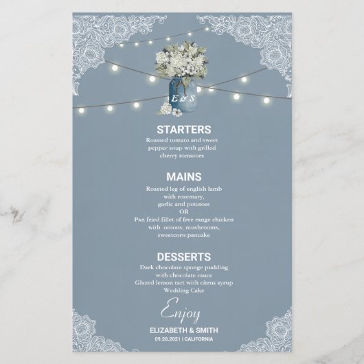 Dusty Blue Country Gecombineerd Wit Lace Weddensch (Voorkant)