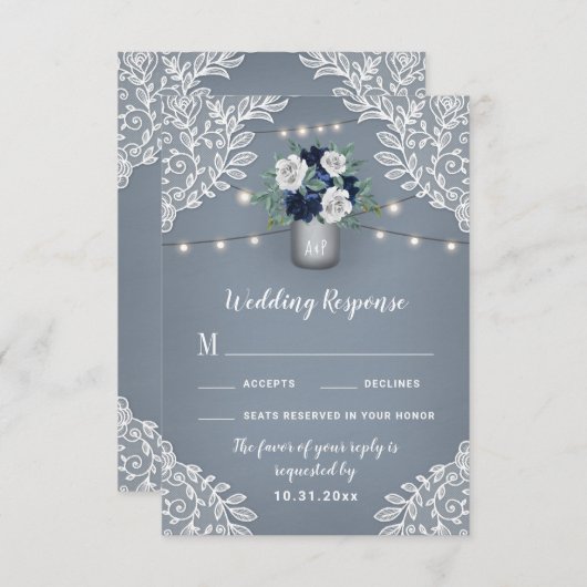 Dusty Blue Country Mason Jar Bruiloft RSVP Kaarten (Voorkant / Achterkant)