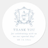 Dusty Blue  Crest Bruiloft Dank u Ronde Sticker (Voorkant)