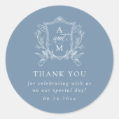Dusty Blue  Crest Bruiloft Dank u Ronde Sticker (Voorkant)