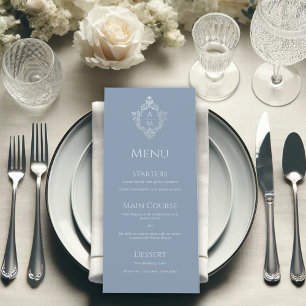 Dusty Blue Crest Bruiloft Monogram Menu