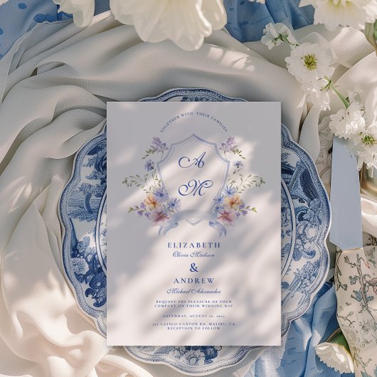 Dusty Blue Crest Floral Wedding Kaart