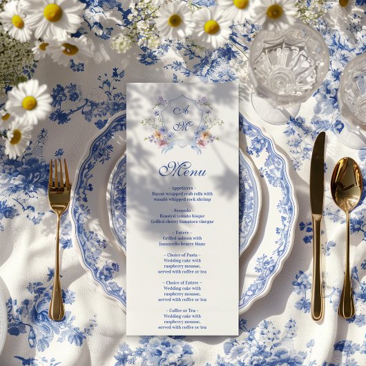 Dusty Blue Crest Floral Wedding Menu