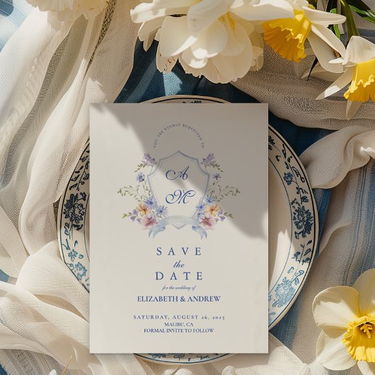 Dusty Blue Crest Floral Wedding Save The Date