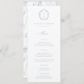 Dusty Blue Crest Monogram Bruiloft Menu (Voorkant / Achterkant)