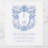 Dusty Blue Crest Monogram bruiloft Wijn Etiket (Enkel label)