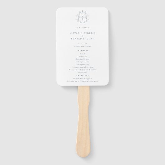 Dusty Blue Crest Monogram Weddenprogramma Handwaaier (Voorkant)