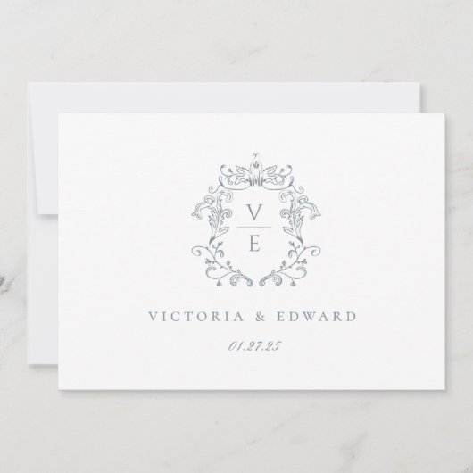 Dusty Blue Crest Monogram Weddenschap Logo Kaart (Voorkant)