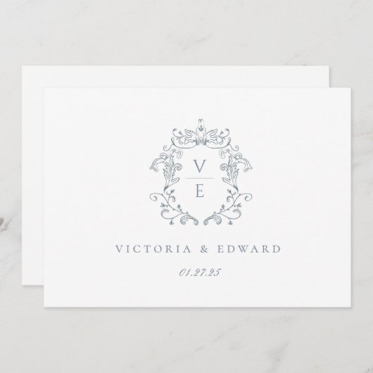 Dusty Blue Crest Monogram Weddenschap Logo Kaart (Voorkant / Achterkant)