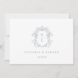 Dusty Blue Crest Monogram Weddenschap Logo Kaart