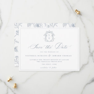 Dusty Blue Crest Monogram Weddenschap QR Code Save The Date