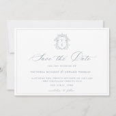 Dusty Blue Crest Monogram Weddenschap Save The Date (Voorkant)
