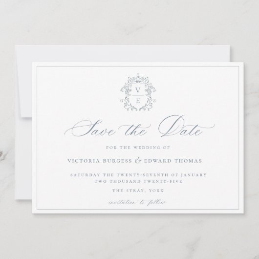 Dusty Blue Crest Monogram Weddenschap Save The Date (Voorkant)