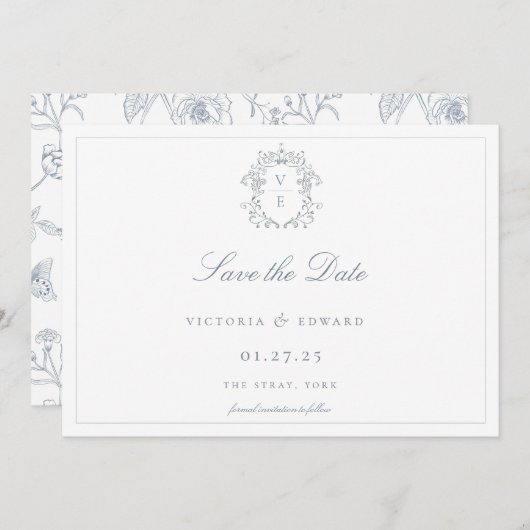Dusty Blue Crest Monogram Weddenschap Save The Date (Voorkant / Achterkant)