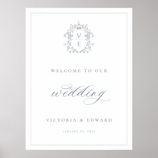 Dusty Blue Crest Monogram Weddenschap Welkom Poster (Voorkant)