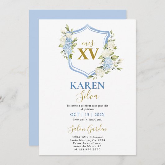 Dusty Blue Crest Quinceanera Invitation (Devant / Derrière)