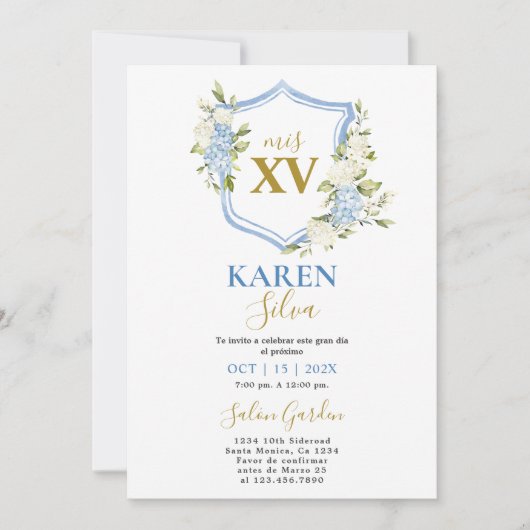 Dusty Blue Crest Quinceanera uitnodiging (Voorkant)