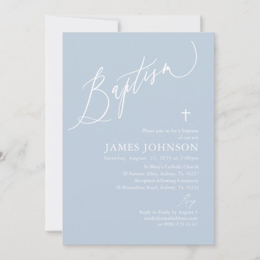 Dusty Blue Croix Blancs Boy Baptism Invitation (Devant)