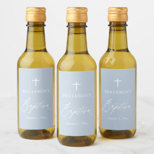 Dusty Blue Cross Boy Baptism Mini Wine Label Wijn Etiket