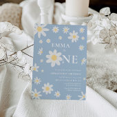 Dusty Blue Daisy Eerste 1e Verjaardag uitnodiging