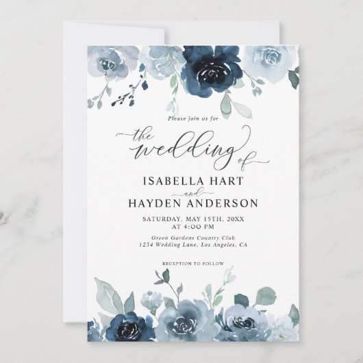 Dusty Blue Dark Navy Slate Floral Pastel Wedding Kaart (Voorkant)