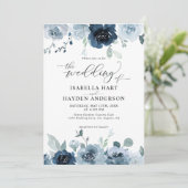 Dusty Blue Dark Navy Slate Floral Pastel Wedding Kaart (Staand voorkant)