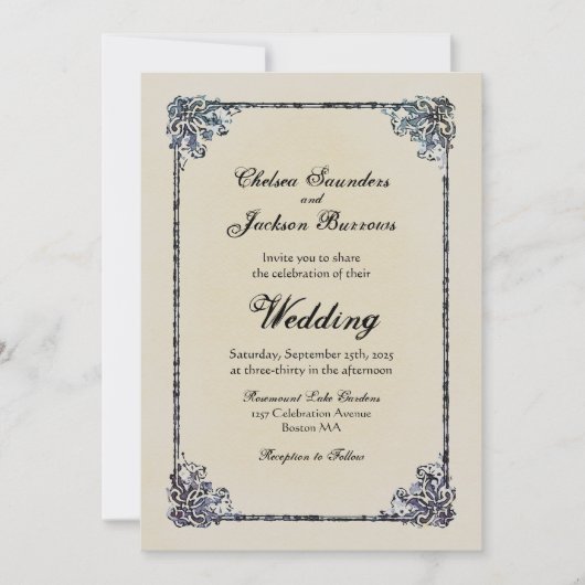 Dusty Blue  Decorative Border Wedding Kaart (Voorkant)