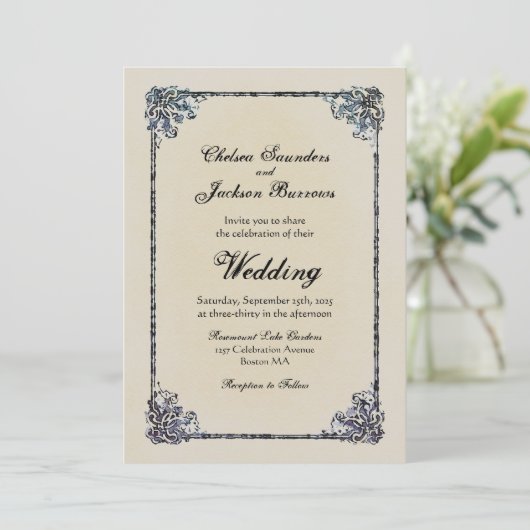 Dusty Blue Decorative Border Wedding Kaart (Staand voorkant)