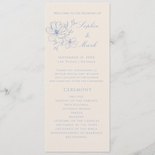 Dusty Blue Delicate Flower Wedding Detail Program Programma (Voorkant)