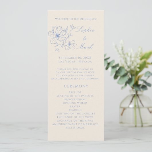 Dusty Blue Delicate Flower Wedding Detail Program Programma (Staand voorkant)
