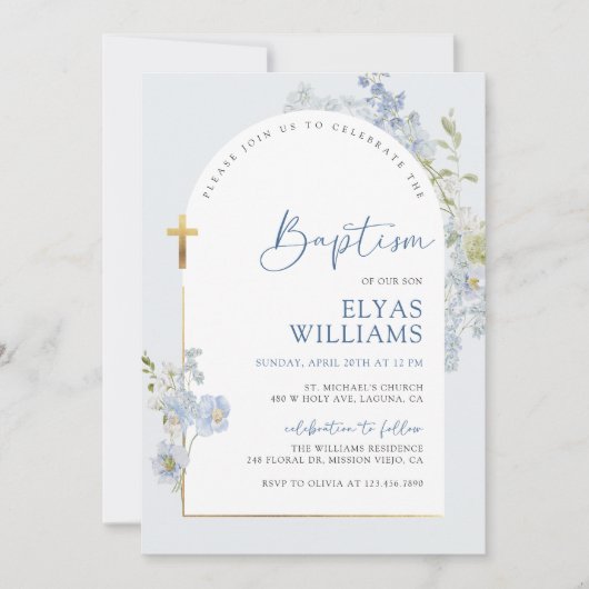 Dusty Blue Delphinium Bloemen Boog Jongen Doop Kaart (Voorkant)